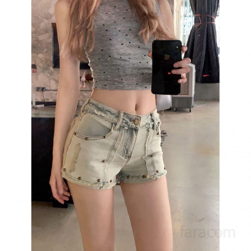 여성 라이트블루 워싱 데미지 데님 반바지 캐주얼 숏팬츠 빈티지 숏기장 핫팬츠 봄 여름 - 상세 이미지 5