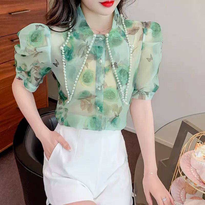 여름 쉬폰블라우스 시스루 브이넥 반팔 프린트 블라우스 그린 - 상품 이미지