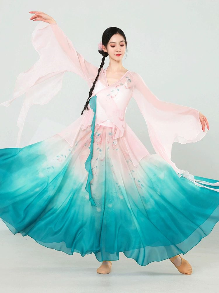 워십복 그라데이션 한국무용복 슬리브 서스펜더 하이탕 신축성있는얇은티셔츠+끈탑+치마 - 상품 이미지
