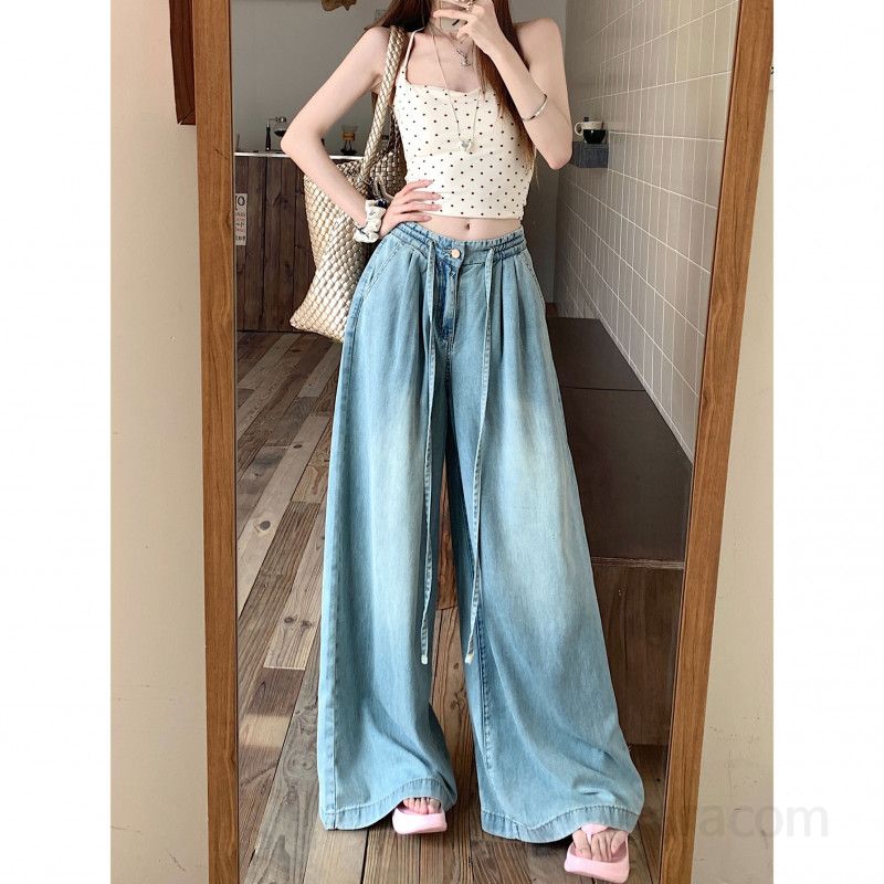 여성 허리밴딩 워싱 와이드핏 데님 롱 와이드팬츠 루즈핏 편안한 긴 통바지 캐주얼 청바지 데일리 마실룩 봄 여름 가을 - 상세 이미지 5