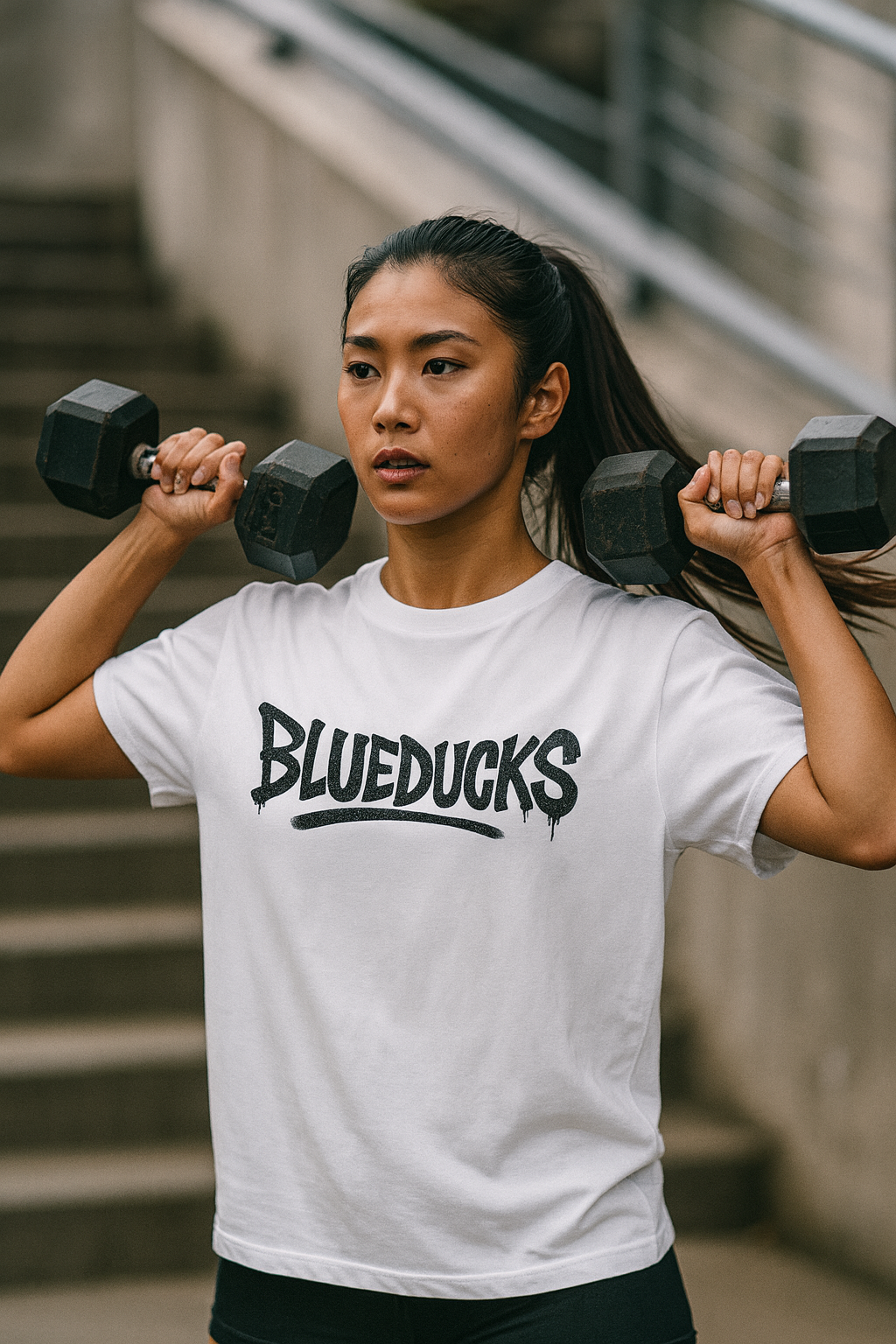 BLUEDUCKS _ 그래피티 로고 루즈핏 반팔 티셔츠 /시원하고 부드러운 소재 / 폴리100 남성 여성 웨이트 트레이닝 운동 / 차콜 화이트 - 상세 이미지 2