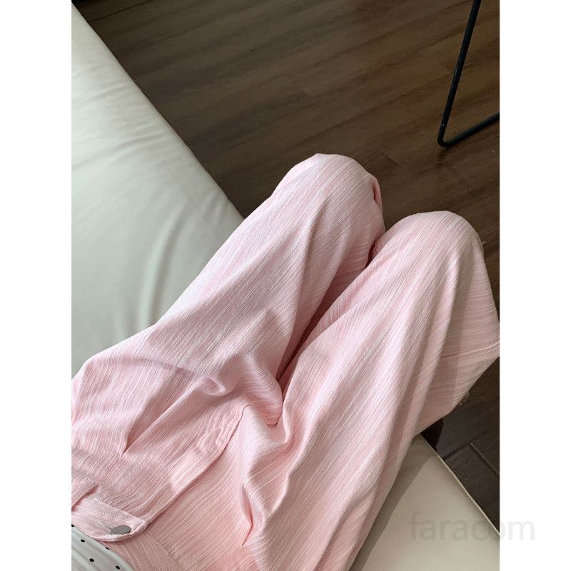 여성 빅사이즈 핑크 스트라이프 면 혼방 롱 와이드 팬츠 일자핏 캐주얼 데일리룩 편안한 루즈핏 시원한 여름 봄 데님 코디 아이템 - 상세 이미지 5