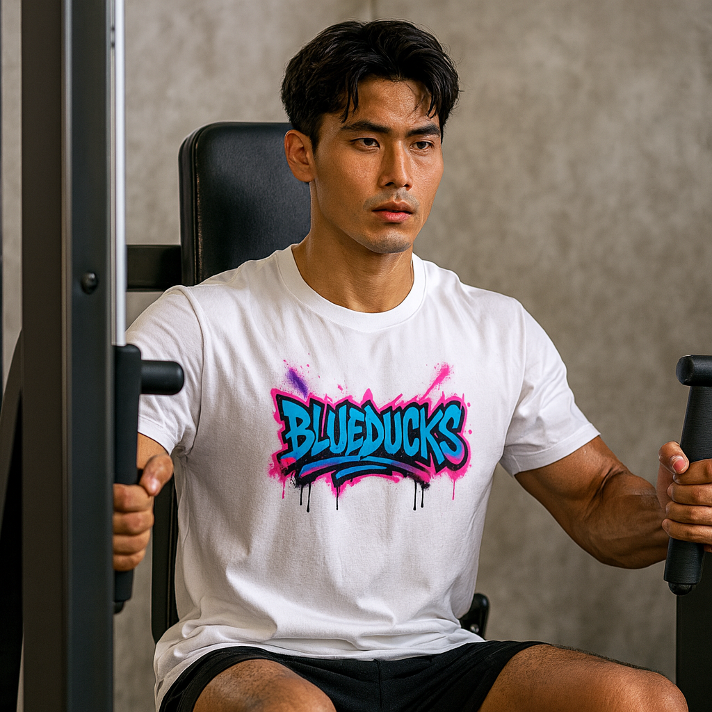 BLUEDUCKS _ 네온 그래피티 루즈핏 반팔 티셔츠 / 시원하고 부드러운 소재 / 폴리100 남성 여성 웨이트 트레이닝 운동 / 4가지 색상 - 메인 이미지