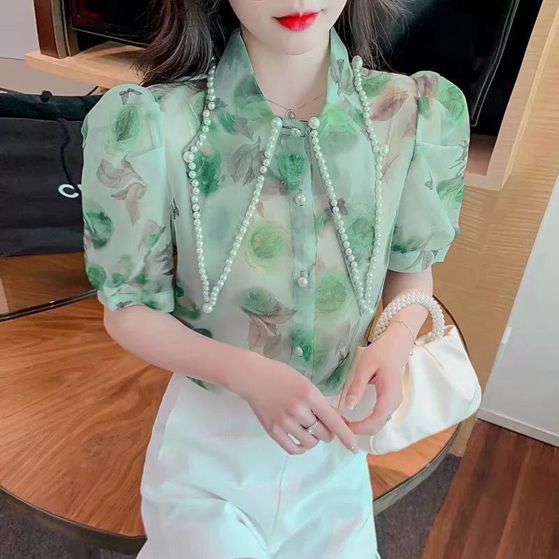 여름 쉬폰블라우스 시스루 브이넥 반팔 프린트 블라우스 그린 - 상세 이미지 4