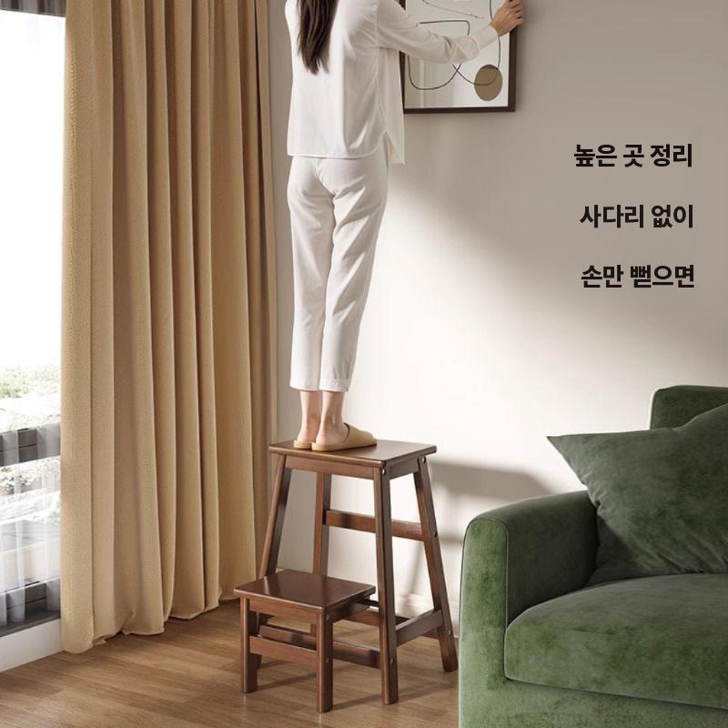 가정용 안전발판 사다리 원목 스텝 스툴 다용도 보조의자 월넛 2단 - 상세 이미지 4