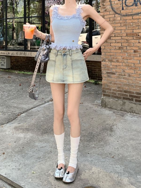 여성 하이웨스트 A라인 숏 데님 스커트 빈티지 워싱 미니 치마바지 데일리 캐주얼 캠퍼스룩 Y2K 봄 여름 패션 - 상세 이미지 4