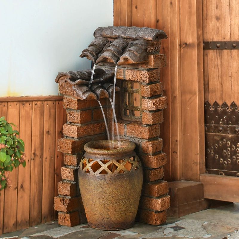 항아리 분수대 기와 수경 가정용 인테리어 조경 폭포 처마물+바닥적색 33x33x110CM - 상세 이미지 2