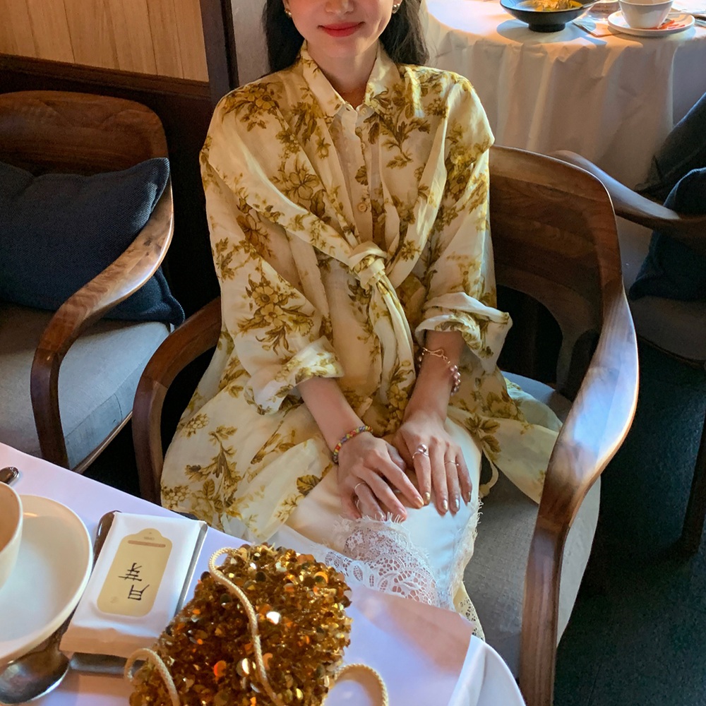 고급린넨 매듭디자인 꽃무늬셔츠 긴팔 오버핏 휴양지 레이어드 예쁜 디자인 여름 베이지옐로우 - 상세 이미지 4