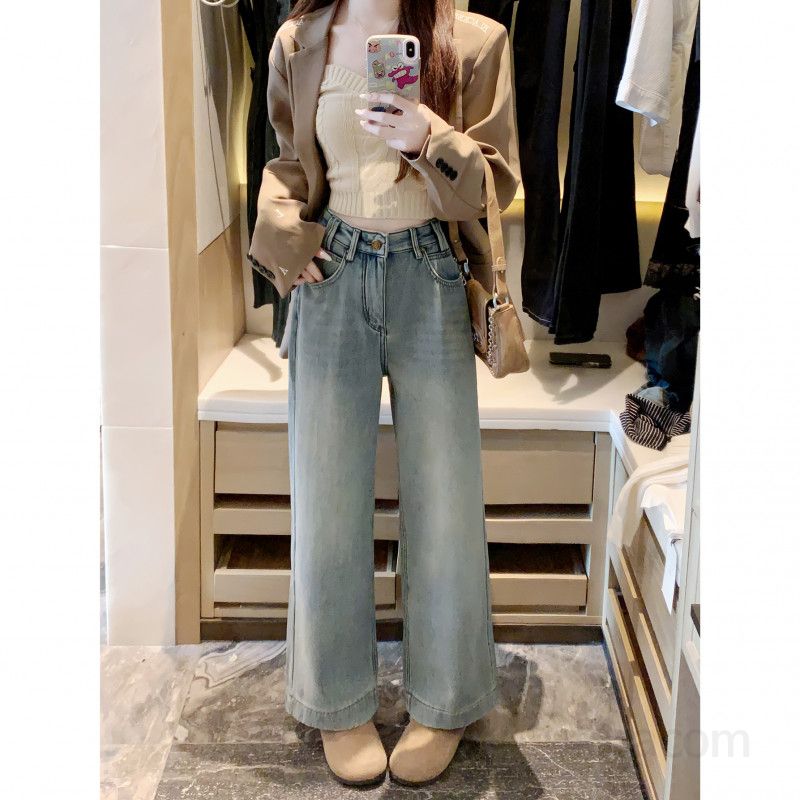 여성 겨울 기모안감 워싱 연청 와이드 데님 팬츠 빈티지 루즈핏 일자 청바지 따뜻한 데일리 캐주얼 코디 롱 와이드진 - 상세 이미지 5