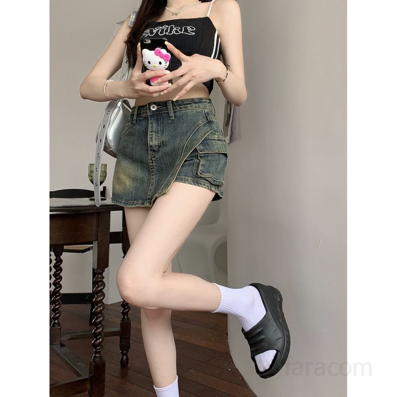 여성 워싱 데님 A라인 미니 치마바지 하이웨스트 숏 스커트 유니크 Y2K 캐주얼 봄 가을 데일리룩 짧은청치마 패션 - 상세 이미지 5