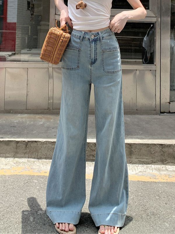 여성 빅사이즈 하이웨이스트 와이드 롱 데님 팬츠 청바지 트렌디 캐주얼 데일리룩 봄 여름 가을 - 상세 이미지 2