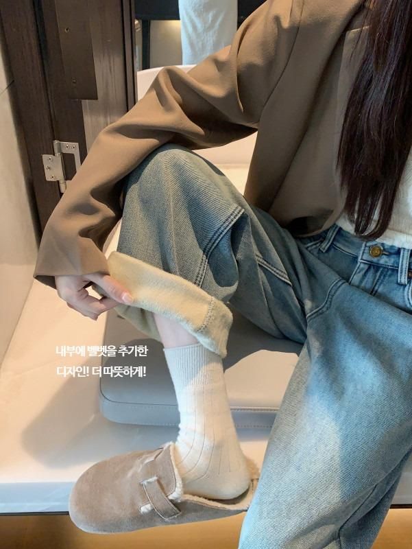 여성 겨울 기모안감 워싱 연청 와이드 데님 팬츠 빈티지 루즈핏 일자 청바지 따뜻한 데일리 캐주얼 코디 롱 와이드진 - 상세 이미지 2