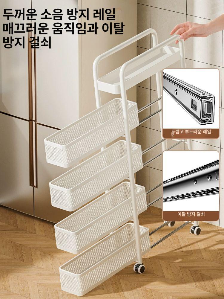 틈새수납선반 트롤리 세탁실 수납 진열대 틈새선반 밀크화이트 4층 슬롯형 22너비 설치불필요 - 상세 이미지 3