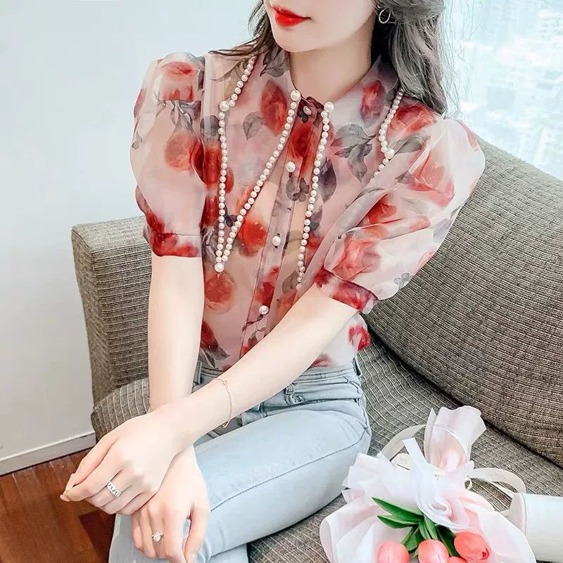 여름 쉬폰블라우스 시스루 브이넥 반팔 프린트 블라우스 그린 - 상세 이미지 3