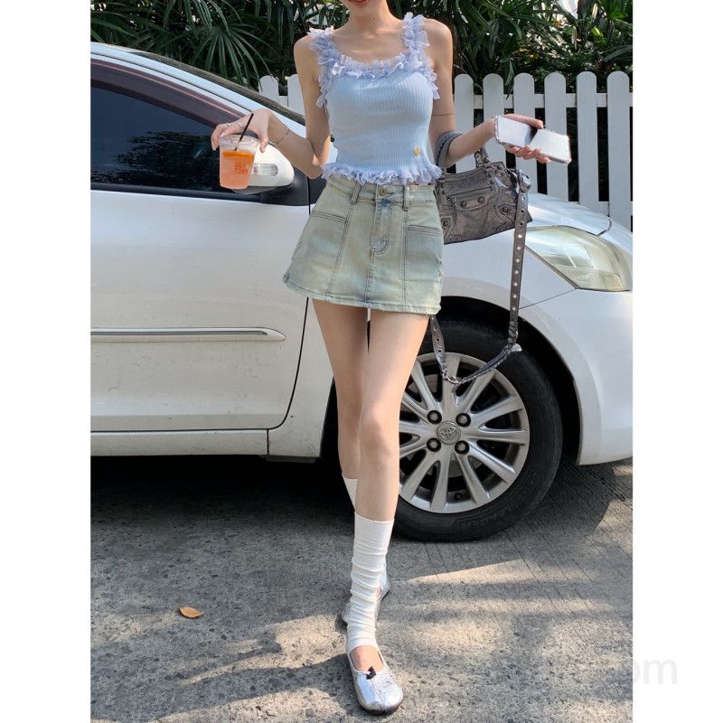 여성 하이웨스트 A라인 숏 데님 스커트 빈티지 워싱 미니 치마바지 데일리 캐주얼 캠퍼스룩 Y2K 봄 여름 패션 - 상세 이미지 5