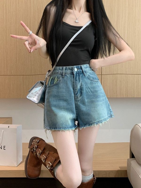 여성 하이웨이스트 워싱 헤짐 와이드핏 데님 숏팬츠 빈티지 청반바지 캐주얼 데일리룩 바캉스룩 썸머룩 트렌디 여름 코디 봄 여름 - 상세 이미지 4