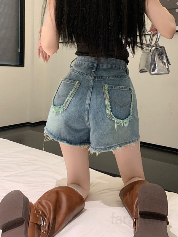 여성 하이웨이스트 워싱 헤짐 와이드핏 데님 숏팬츠 빈티지 청반바지 캐주얼 데일리룩 바캉스룩 썸머룩 트렌디 여름 코디 봄 여름 - 상세 이미지 2