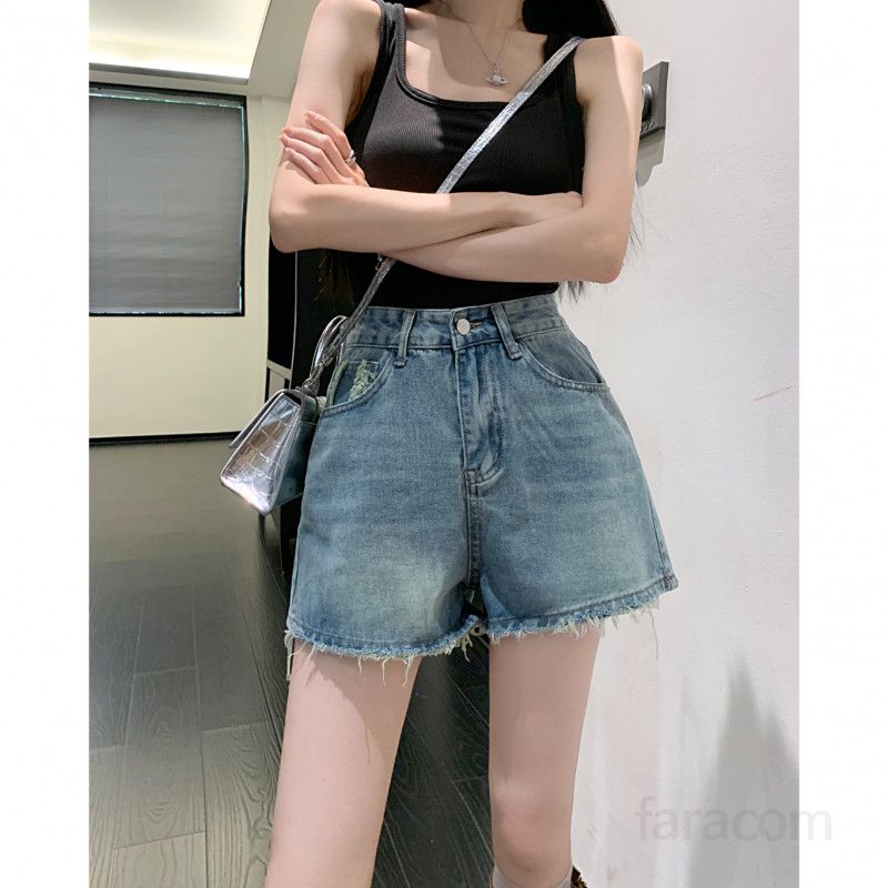 여성 하이웨이스트 워싱 헤짐 와이드핏 데님 숏팬츠 빈티지 청반바지 캐주얼 데일리룩 바캉스룩 썸머룩 트렌디 여름 코디 봄 여름 - 상세 이미지 5