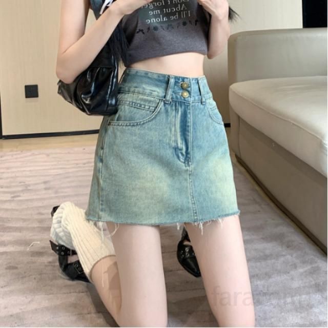 여성 하이웨이스트 A라인 워싱 데님 미니 스커트 숏치마 캐주얼 데일리룩 스트릿룩 러프컷팅 봄 여름 코디 - 상품 이미지