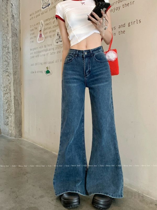 여성 하이웨스트 와이드 부츠컷 데님 청바지 롱 팬츠 여자 스판 빈티지 레트로 워싱 봄 여름 가을 겨울 사계절 데일리룩 - 상세 이미지 2