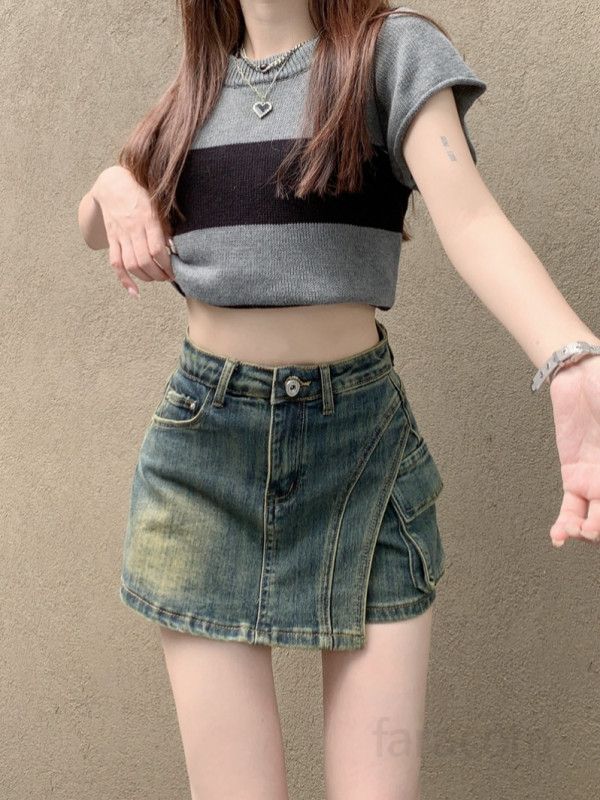 여성 워싱 카고 포켓 데님 A라인 미니 스커트 Y2K 트렌디 캐주얼 데일리룩 봄 여름 스판 치마바지 - 상세 이미지 3