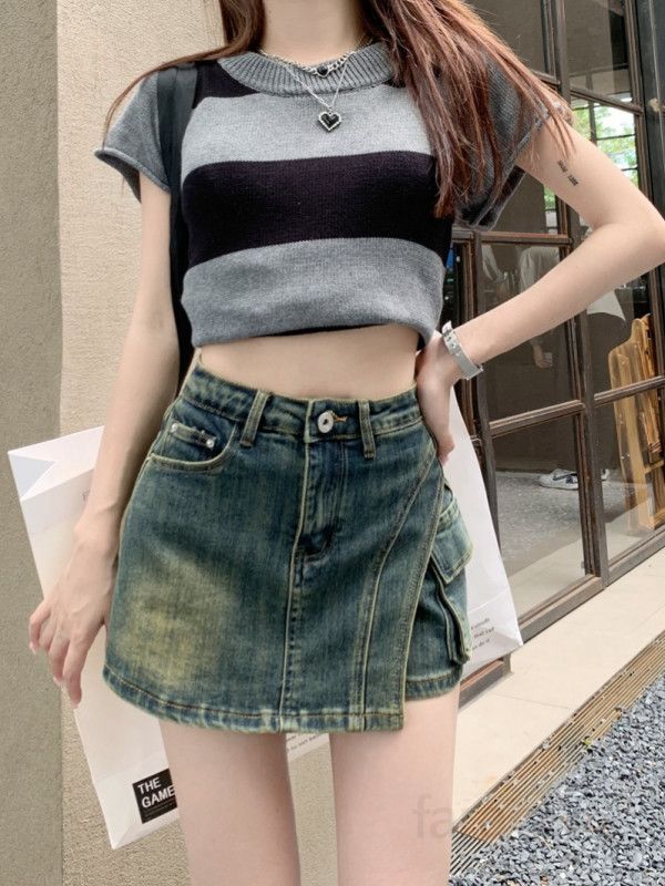 여성 워싱 카고 포켓 데님 A라인 미니 스커트 Y2K 트렌디 캐주얼 데일리룩 봄 여름 스판 치마바지 - 상세 이미지 2