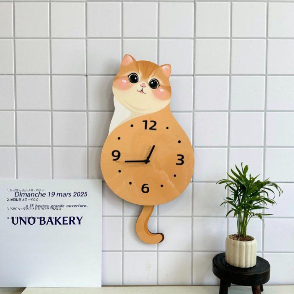 귀여운 골든 그라디언트 고양이 꼬리 스윙 흔들고 창조적 인 장식 벽 시계 거실 음소거 - 상세 이미지 2