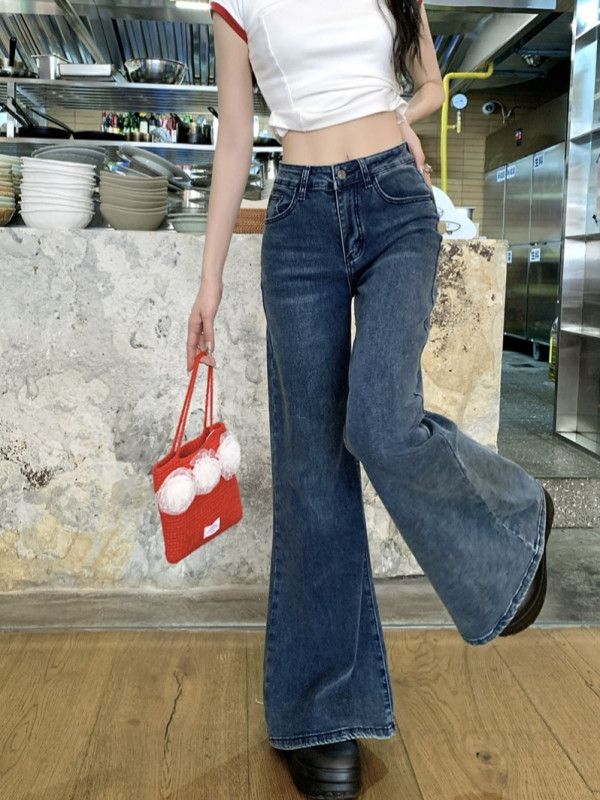 여성 하이웨스트 와이드 부츠컷 데님 청바지 롱 팬츠 여자 스판 빈티지 레트로 워싱 봄 여름 가을 겨울 사계절 데일리룩 - 상세 이미지 4