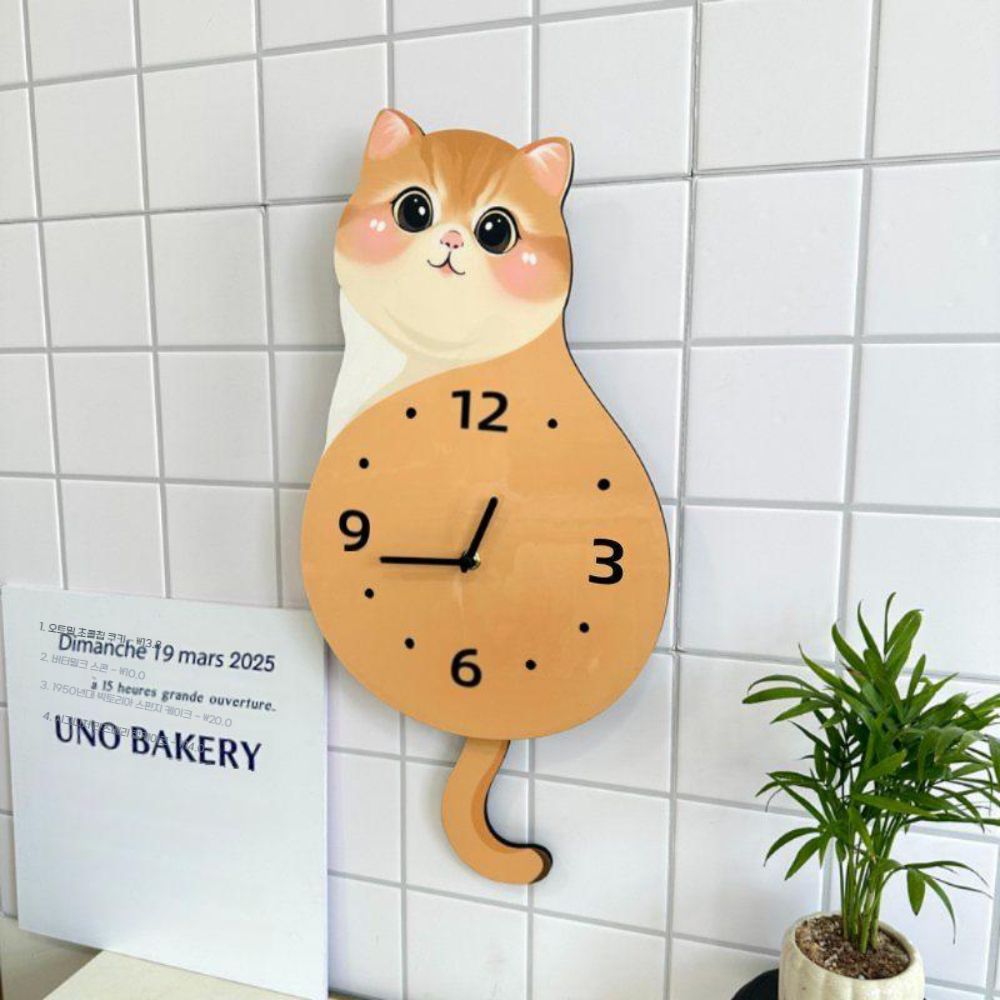 귀여운 골든 그라디언트 고양이 꼬리 스윙 흔들고 창조적 인 장식 벽 시계 거실 음소거 - 상세 이미지 5