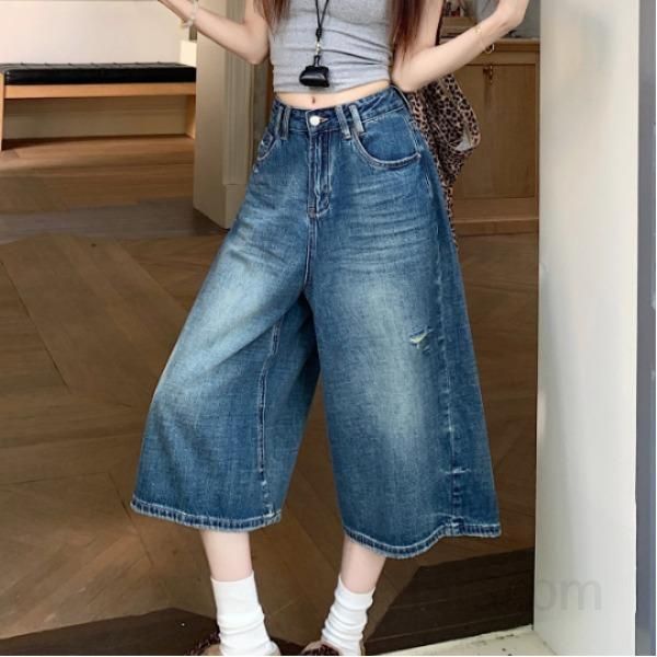 여성 루즈핏 와이드 데님 크롭 팬츠 트임 워싱 캐주얼 7부 청바지 통바지 데일리룩 봄 여름 - 상품 이미지