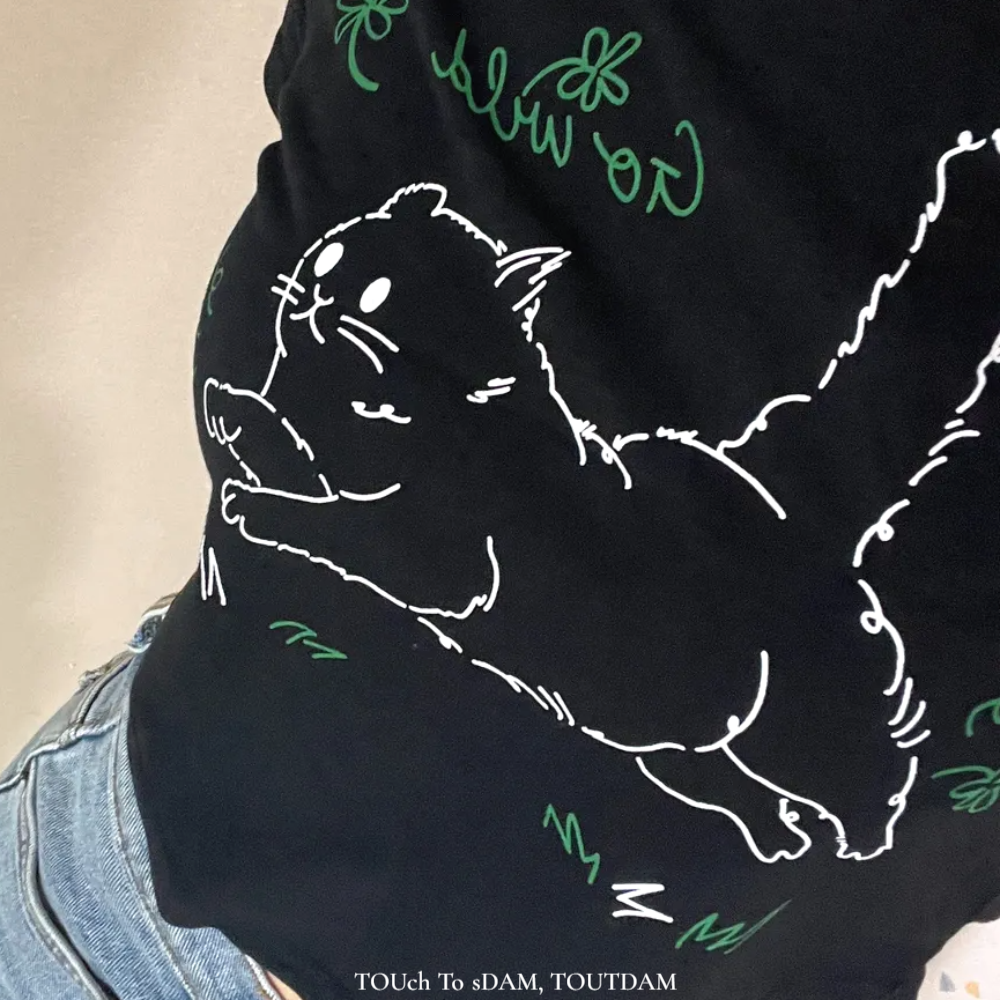 뚜담 고양이 드로잉 반팔티 크롭 반팔 티셔츠 이미지 8