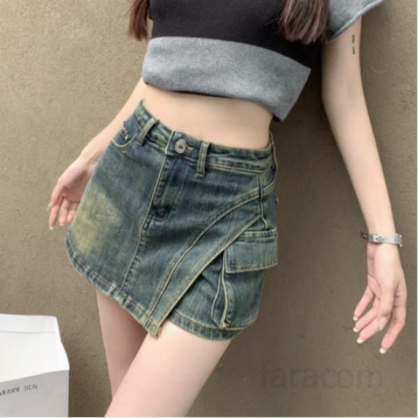 여성 워싱 카고 포켓 데님 A라인 미니 스커트 Y2K 트렌디 캐주얼 데일리룩 봄 여름 스판 치마바지 - 상품 이미지