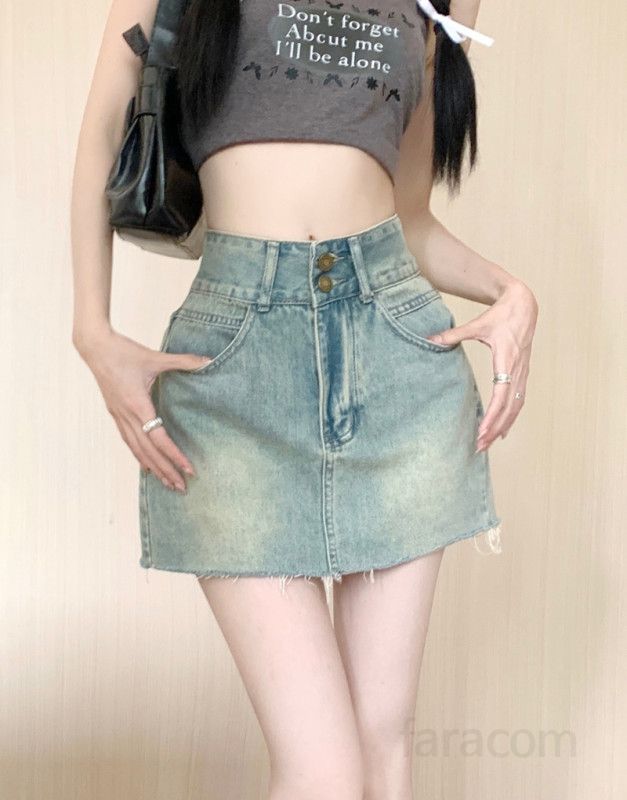 여성 하이웨이스트 A라인 워싱 데님 미니 스커트 숏치마 캐주얼 데일리룩 스트릿룩 러프컷팅 봄 여름 코디 - 상세 이미지 3