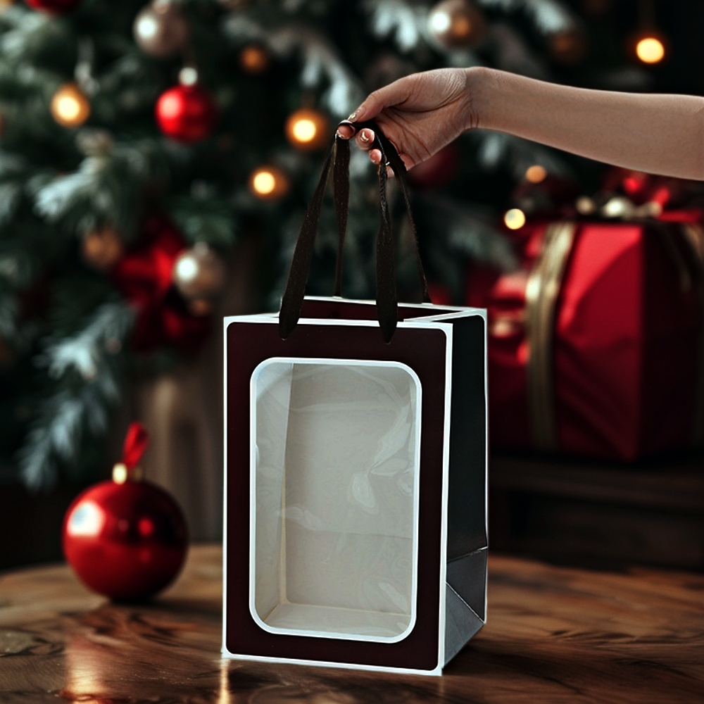 투명창 직사각 쇼핑백 고급 답례품 꽃다발 구디백 선물 포장 무지 종이 가방 미니 제품 이미지