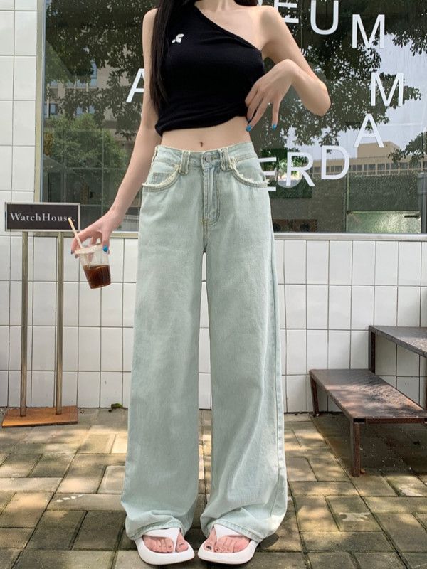 여성 빅사이즈 와이드핏 데님 팬츠 롱 워싱 청바지 하이웨스트 빈티지 캐주얼 봄 여름 가을 겨울 - 상세 이미지 4
