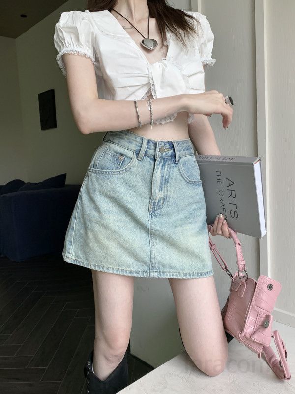 여성 A라인 숏 데님 미니스커트 워싱 짧은 청치마 캐주얼 데일리룩 베이직 여자 스커트 봄 여름 - 상세 이미지 2