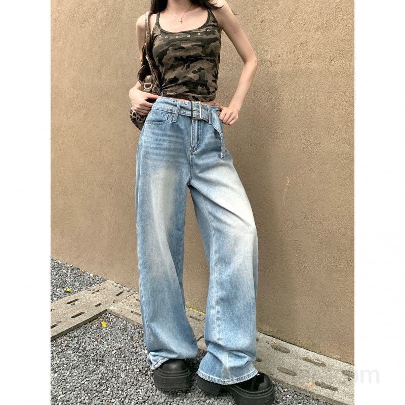 여성 하이웨스트 루즈핏 워싱 와이드 데님 청바지 트렌디 빈티지 캐주얼 롱팬츠 봄 여름 가을 - 상세 이미지 5