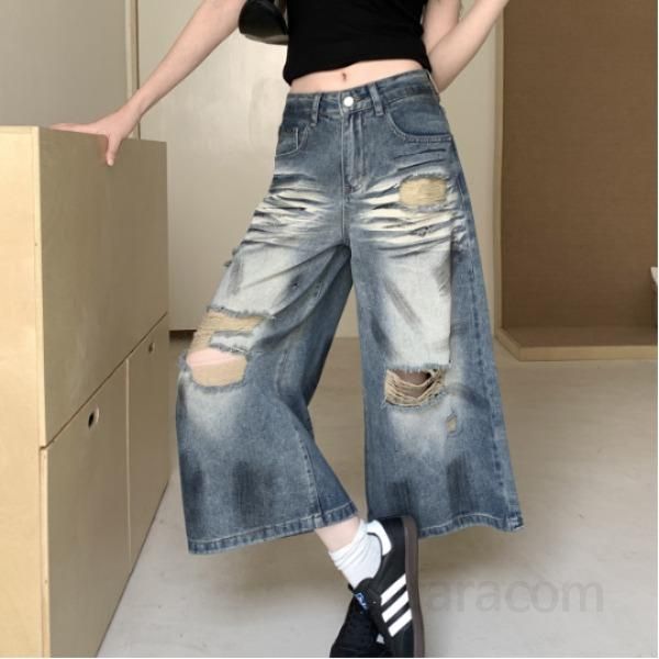 여성 와이드 크롭진 여름 찢어진 디자인 데일리 캐주얼 청바지 시원한 착용감 워싱 페인팅 스타일 편안한 외출용 팬츠 - 메인 이미지