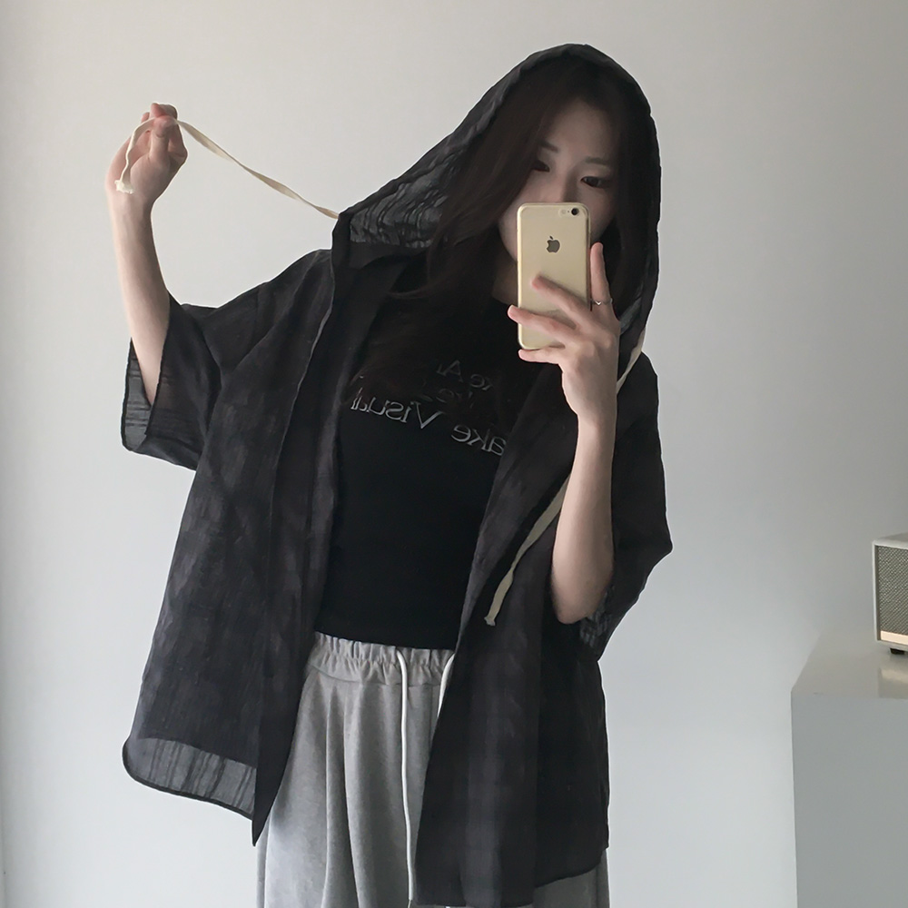오버핏 체크 후드 반팔 남방 체형커버 빅사이즈 캐주얼 학생 캠퍼스룩 셔츠 4color - 상세 이미지 4