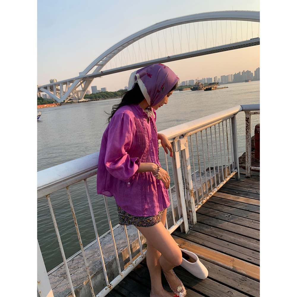 브이넥 프릴 주름블라우스 긴팔 허리라인디자인 모시린넨 예쁜 비비드 색감 여름 자주퍼플 - 상세 이미지 5