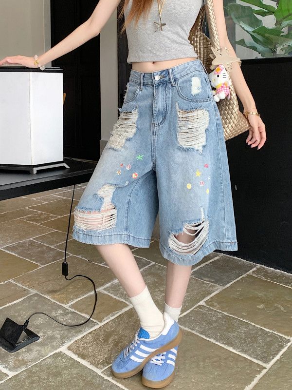 여성 빈티지 워싱 찢어진 와이드핏 오부 데님 팬츠 청반바지 데미지 숏팬츠 캐주얼 데일리룩 봄 여름 코디 - 상세 이미지 4