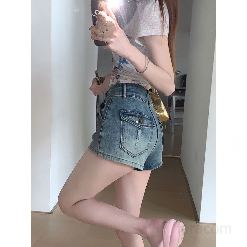 여성 여름 빈티지 워싱 데님 숏팬츠 하이웨스트 슬림핏 스판 데일리 캐주얼 코디 반바지 봄 여름 청바지 - 상세 이미지 5