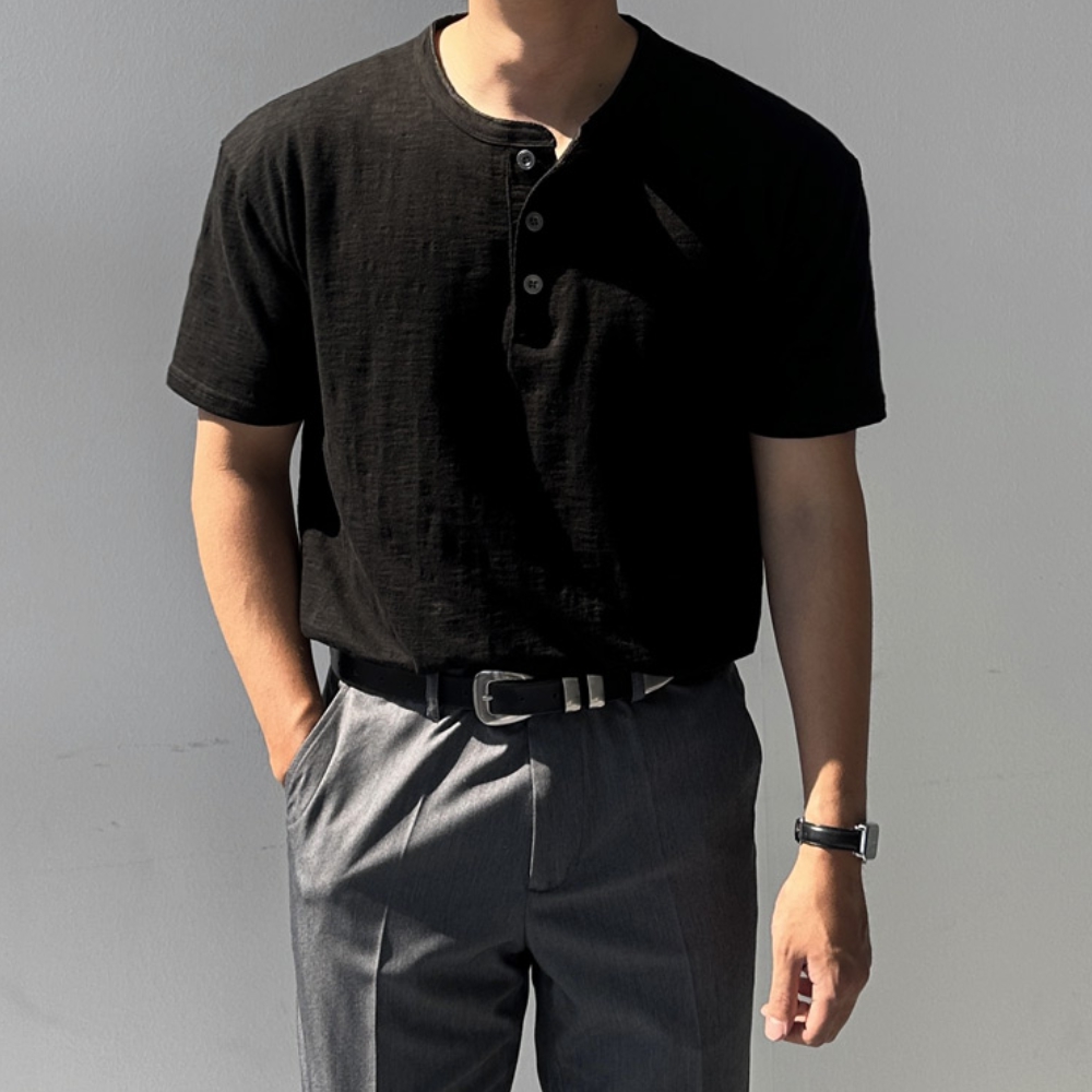 남자 마테 여름 얇은 슬라브 헨리넥 반팔 티셔츠 - 상품 이미지