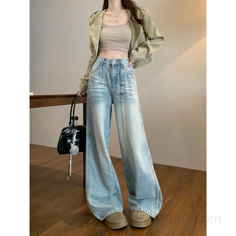 여성 빈티지 워싱 멋스러운 하이웨스트 와이드 데님팬츠 루즈핏 롱 청바지 스트릿 캐주얼 트렌디한 사계절 - 상세 이미지 5