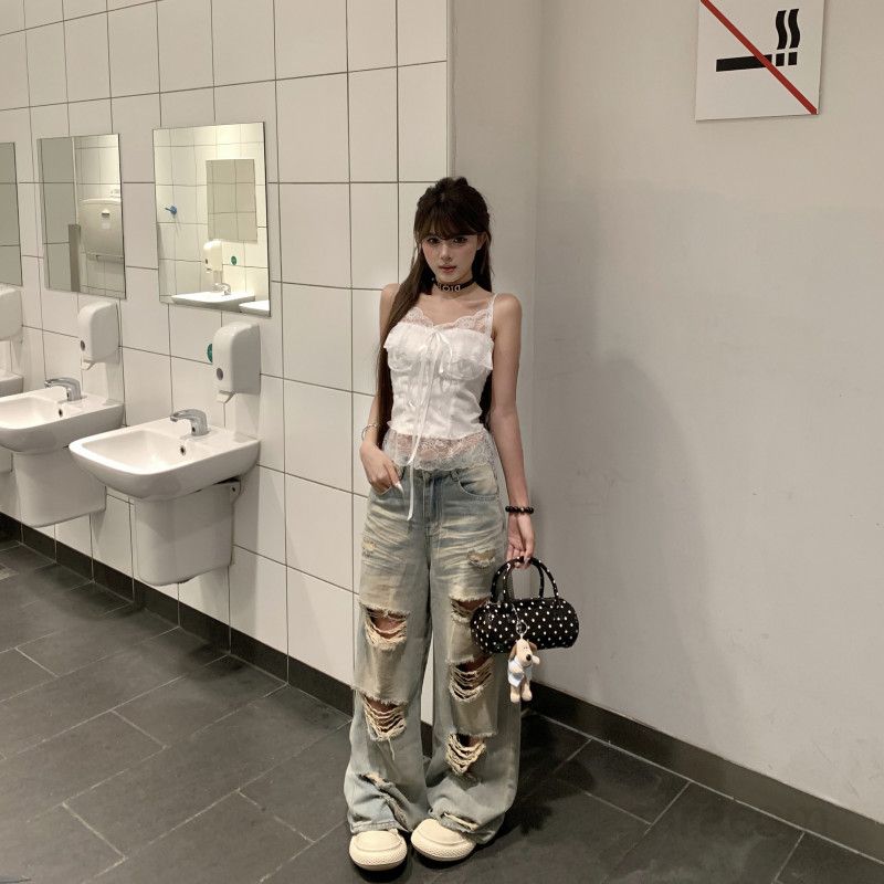 여성 캐주얼 스트릿 데일리 워싱 데미지 찢어진 와이드 롱 데님 팬츠 루즈핏 청바지 사계절 봄 여름 가을 겨울 - 상세 이미지 5