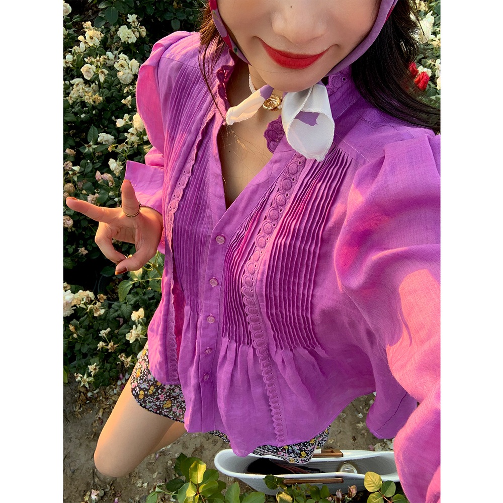 브이넥 프릴 주름블라우스 긴팔 허리라인디자인 모시린넨 예쁜 비비드 색감 여름 자주퍼플 - 상세 이미지 3