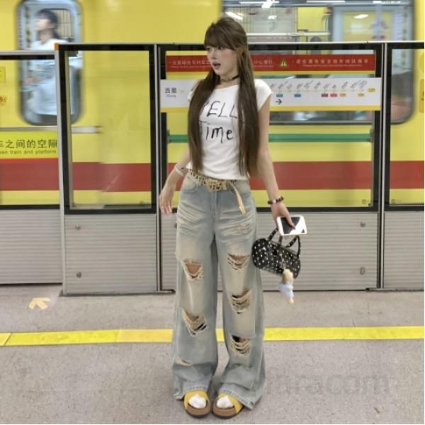 여성 캐주얼 스트릿 데일리 워싱 데미지 찢어진 와이드 롱 데님 팬츠 루즈핏 청바지 사계절 봄 여름 가을 겨울 - 메인 이미지