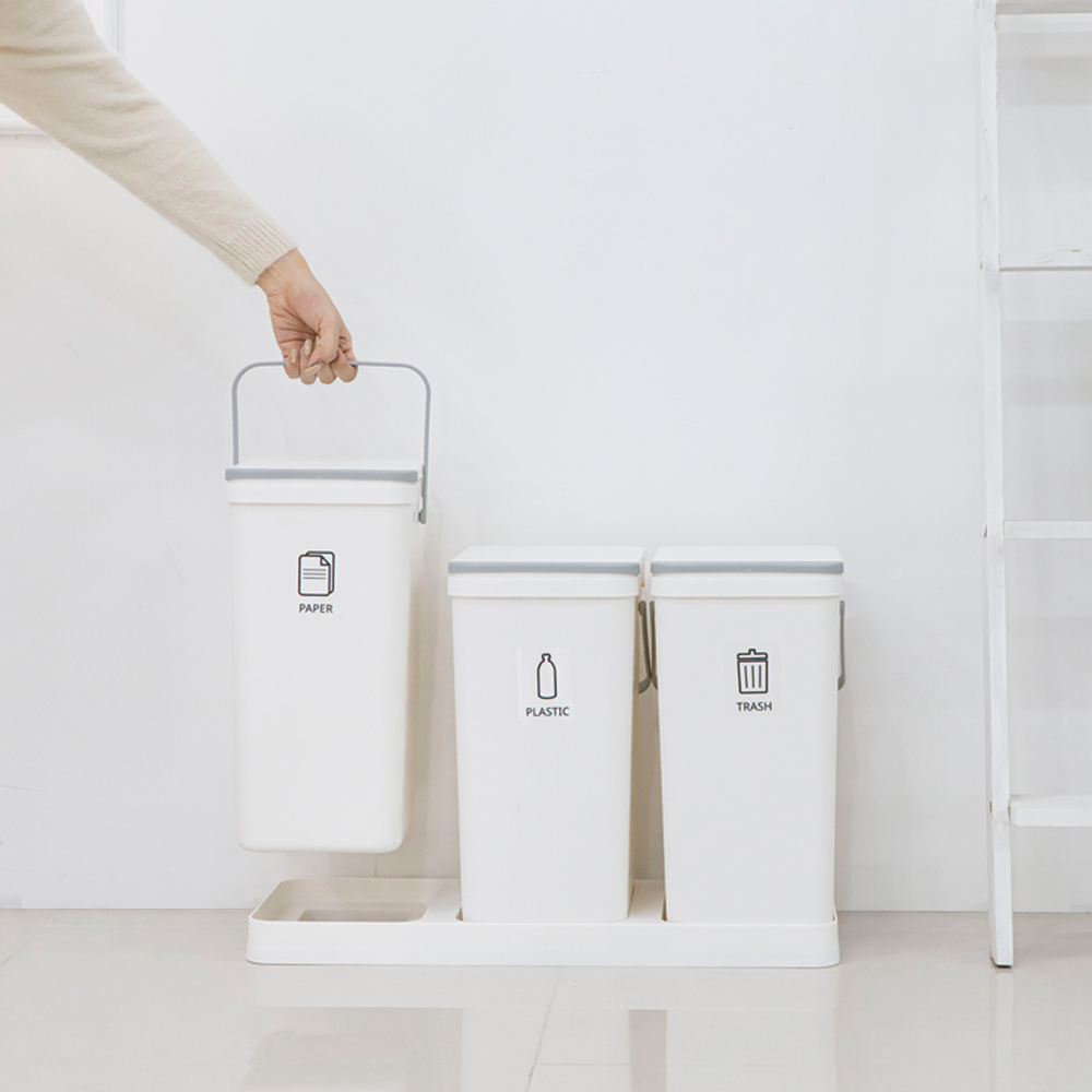 [네이버 단독] 모노플랫 3단 가정용  분리수거함 재활용 쓰레기통 그레이 스티커+전용봉투 30매