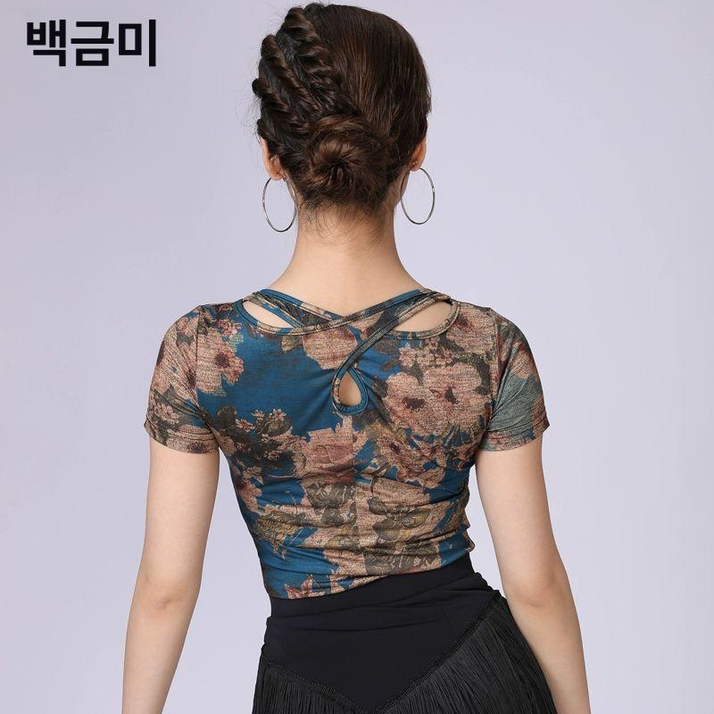 살사 반짝이 스포츠 라틴 탑 연습복 상의 공연복 댄스 별빛 꽃 상의 S - 상세 이미지 3