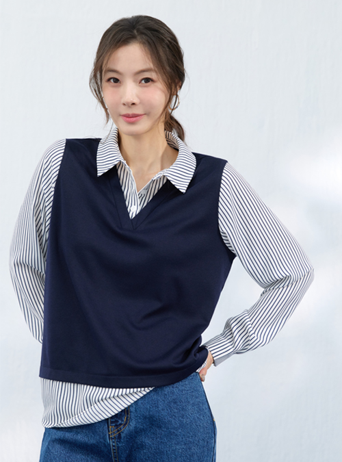메시제이 러블리 블라우스 3종 스트라이프 레이어드 빅사이즈 30대 여성 결혼식하객룩 오피스룩 - 상세 이미지 2
